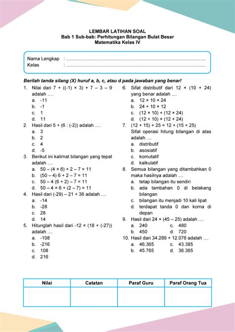 Lembar Latihan Soal Bab 1 Sub Bab Perhitungan Bilangan Bulat Besar