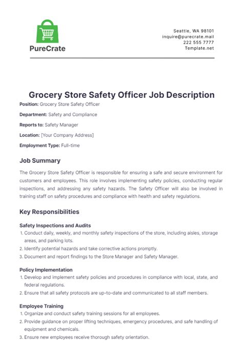 Free Grocery Store Safety Officer Job Description Template Edit