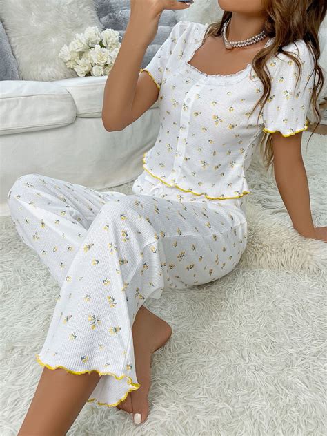 White Romantic Floral Collar Short Sleeve Plants Ditsy Floral Pant Sets