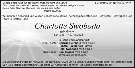 Traueranzeigen Von Charlotte Swoboda Trauer Hz De