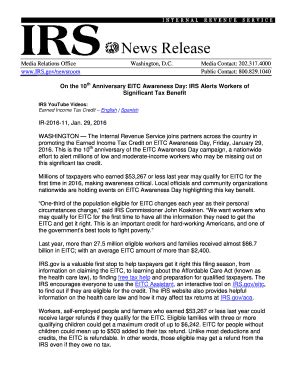 Fillable Online On The 10th Anniversary EITC Awareness Day IRS Alerts