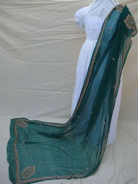 Antique Silk Shawlstole Regency Style Must See Peacock Blue Hand Embroidered In Gold Gilt