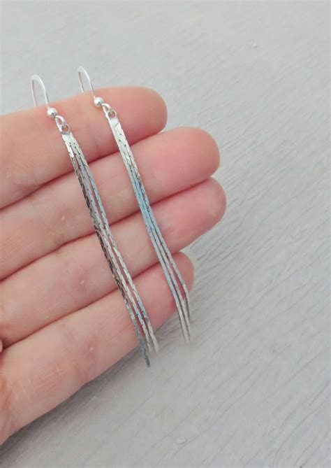 Silver Fringe Earrings Tassel Fringe Earrings Long Silver Etsy