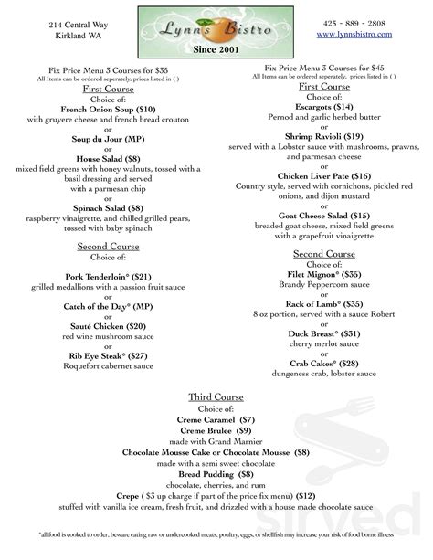 Lynn's Bistro menu in Kirkland, Washington, USA