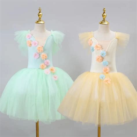 Green Yellow Romantic Flowers Tutu Long Tulle Tutus Ballet Dress Women Girls Ballerina Party