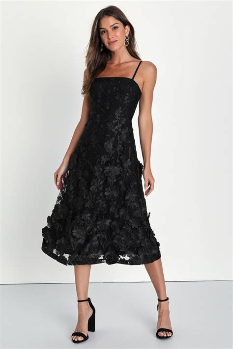 Black Embroidered Dress Floral Embroidery Dress Black Midi Lulus