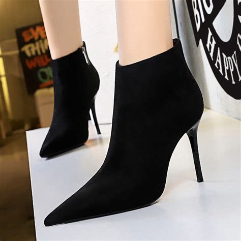 Women Zipper Concise Ankle Boots Black Solid Flock High Heels Office