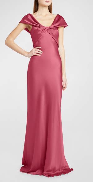 Alberta Ferretti Twisted Empire Waist Off The Shoulder Satin Gown