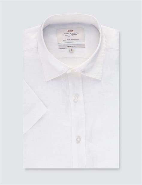 Mens White Tailored Fit Short Sleeve Linen Shirt Hawes Curtis