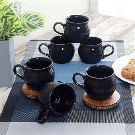 Black Pot Shaped Glossy Tea Cups Set Of 6 - WallMantra