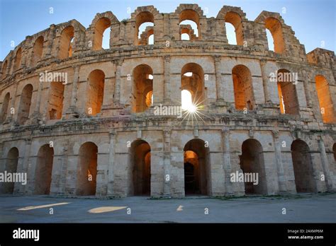 The Impressive Roman Amphitheater Of El Jem Tunisia With A Sun Star