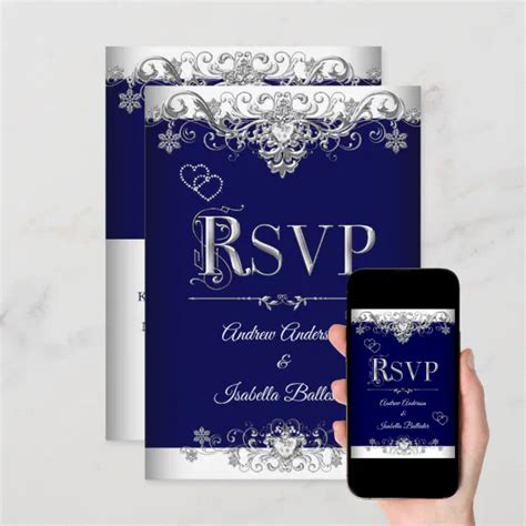 Rsvp Wedding Royal Blue Silver Diamond Hearts Invitation Zazzle