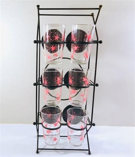 Federal Glass Mid Century Pink Atomic Starburst Glasses With Tipsy Tim Carrier Set Of 6 With