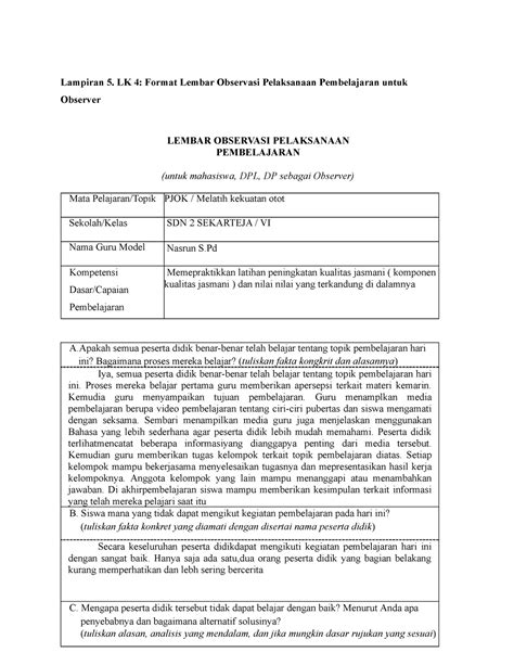 Lampiran 5 Lk 4 Format Lembar Observasi Pelaksanaan Pembelajaran Untuk