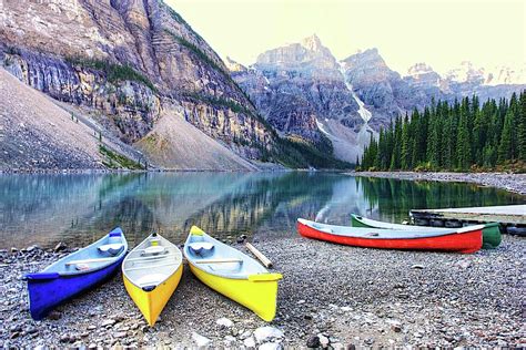 Canoes At Moraine Lake In Explore Photograph By J P Andersen Images