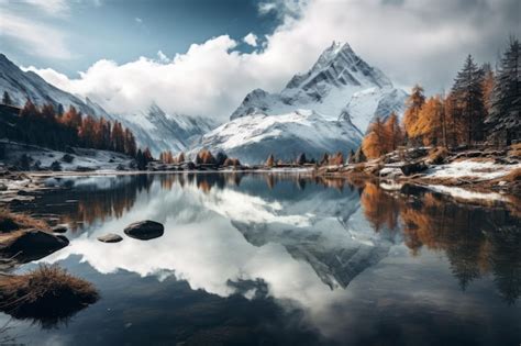 Premium Photo Snowcapped Peaks Reflecting In A Serene Alpine Lake