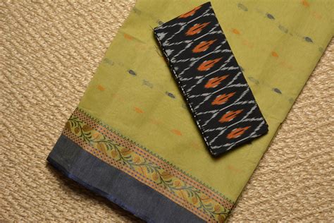 Tvis And Bliss Olive Green Bengal Cotton Saree With Blue Border And Butta