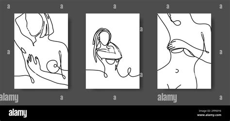 Naked Woman Body Wall Line Art Set Minimalistic Black Lines Drawing Female Figure One
