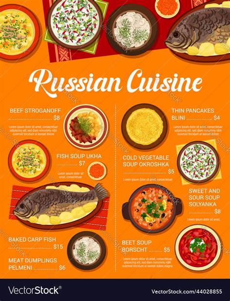 Russian cuisine menu traditional dishes and meals Vector Image