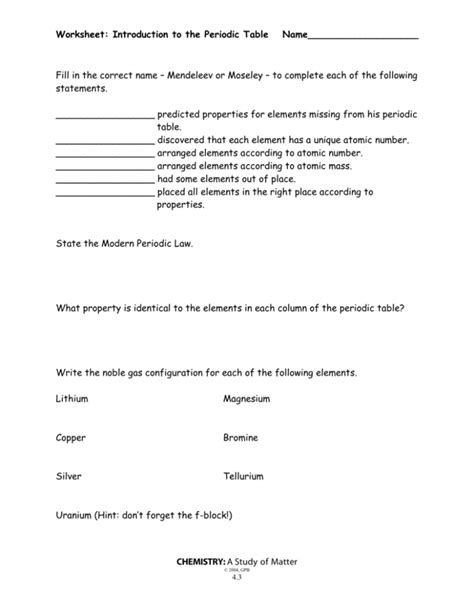 Intro To The Periodic Table Worksheets