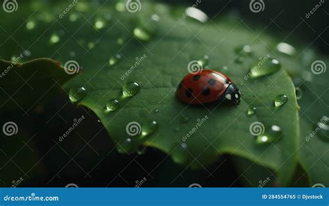 Ladybug On Green Leaf Macro Dew Drop Beauty In Nature Generated By Ai