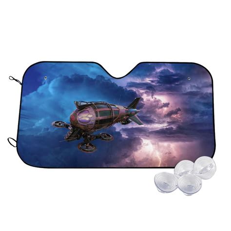 TEQUAN Sunshade For Car Windshield Steampunk Airship Storm Lightning