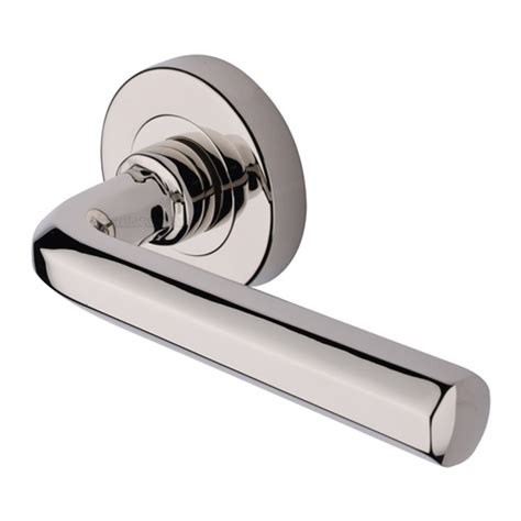 Heritage Brass Door Handle Lever Latch On Round Rose Octave Design Polished Nickel Finish