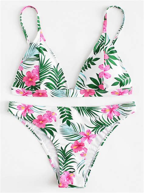 Tropical Print Triangle Bikini Set Bikinis Triangle Bikini Swimwear