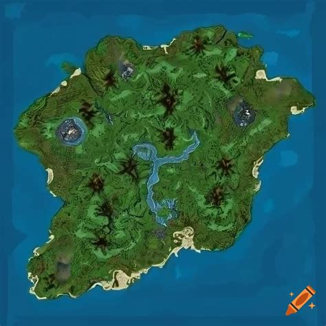 Top Down Map Of A Whole Island With Diverse Terrain Dark Jungle Colors