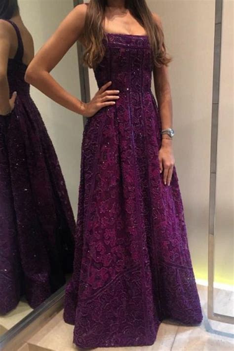 A Line Square Neck Floor Length Purple Lace Prom Dress With Beading Beautydresses Purple Prom