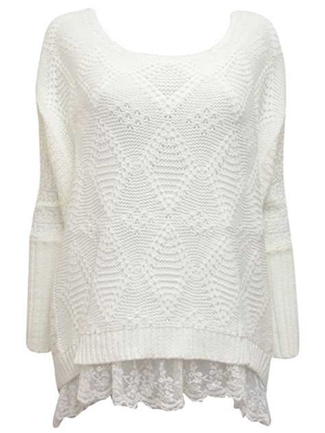 Preppy Preppy Cream Oversized Chunky Knit Dipped Lace Hem Jumper