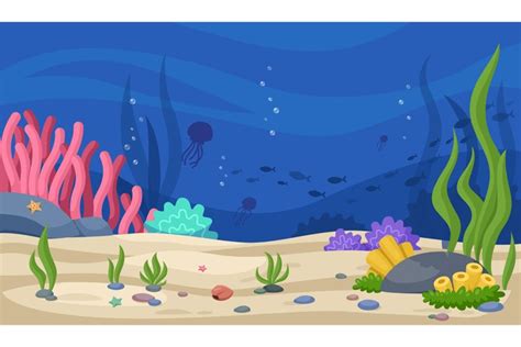 Sea location. Cartoon underwater background with fish silhou