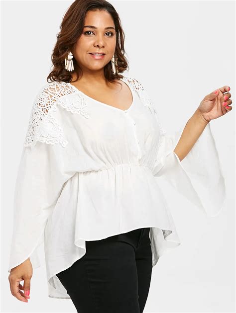 Buy Wipalo Casual Women Plus Size Lace Applique Elastic Waist High Low Blouse V