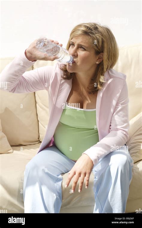 Woman Pregnancy Mineral Water Drinks Thirst 20 30 Years Belly Couch