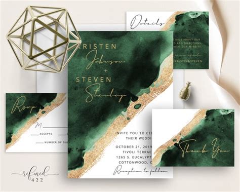 Emerald Gold Wedding Invitation Set Emerald Green And Gold Etsy