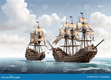 Ancient Pirate Ship Over White Backgrouned Stock Illustration