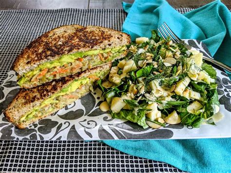 Edamame Hummus Avocado And Sauerkraut Grilled Sandwich And Apple Almond Crunch Salad Plant