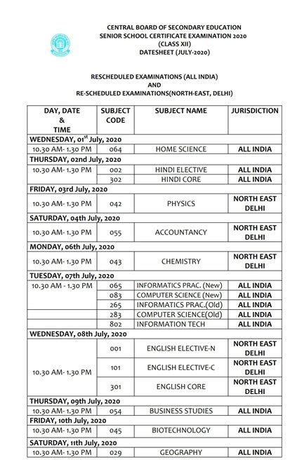 Cbse Board Class 10 12 Exam Date Sheet 2020 Remaining Exam New Time