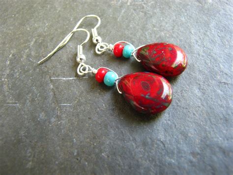 Red And Turquoise Earrings Picasso Glass Teardrops Wire Wrapped Jewelry