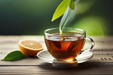 Premium AI Image | a cup of tea with a leaf on the background of a ...