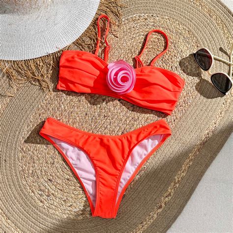 Tponi Swimsuits For Curvy Women Two Piece Sets Elastic Orange Swimsuit