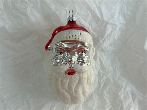 Large Vintage Blown Glass Santa Head Ornament West Germany Glass With Glitter Beard And Trim Etsy