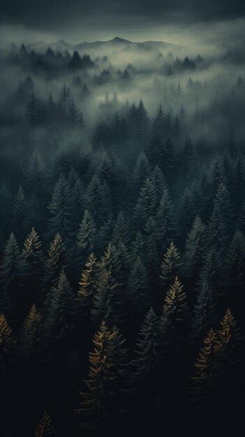 Premium Photo Drone View Of A Misty Coniferous Forest Autumn