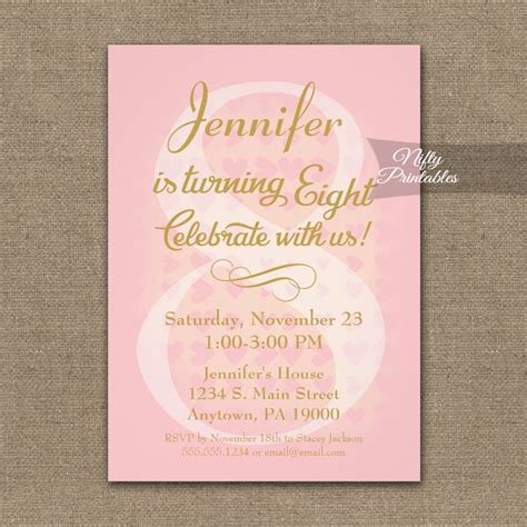 8th Birthday Invitations Pink Hearts - Nifty Printables