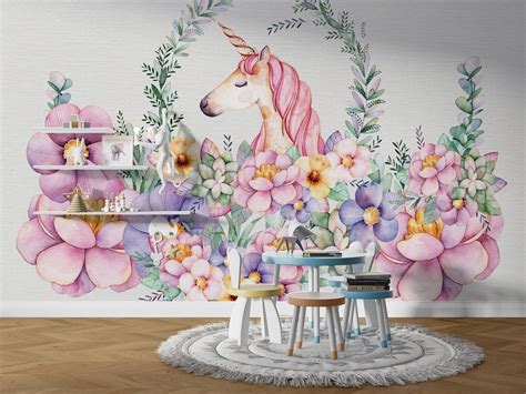 Unicorn girls room wallpaper pink kids room wall mural peel etsy – Artofit