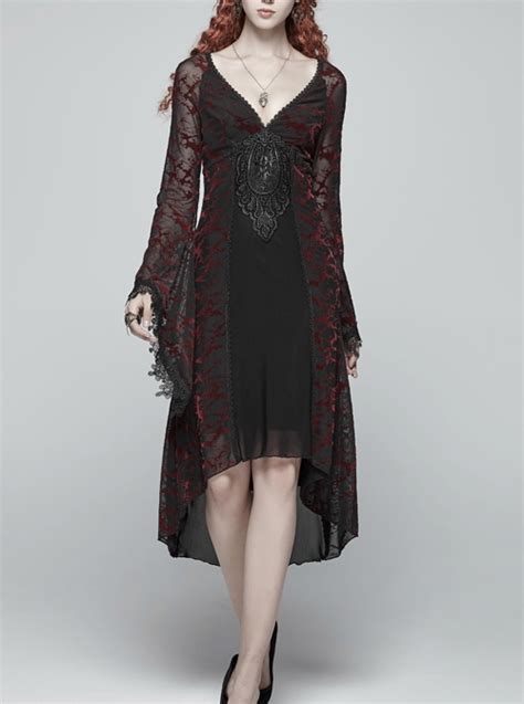 Gothic V Collar Goddess Classical Translucent Long Sleeve Black Red Mid