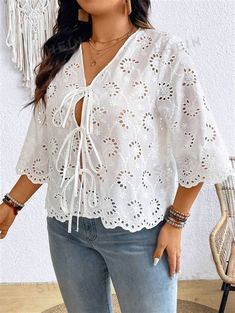 SHEIN Frenchy Camisa feminina Plus Size estilo francês bordado para