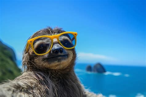 Premium Photo Adventure A Sloth With Yellow Sunglasses Taking A