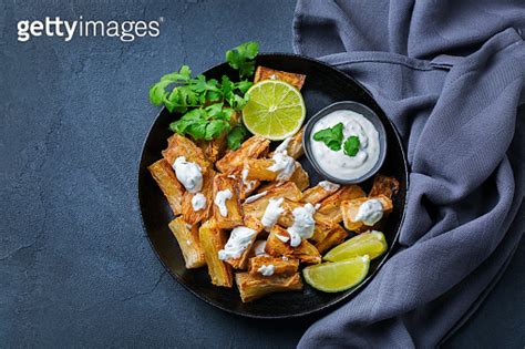 Fried Yucca Yuca Cassava Manioca Mandioca With Cilantro Sauce