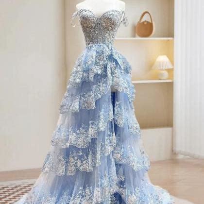 Celestial Blue Cascading Lace Prom Gown on Luulla